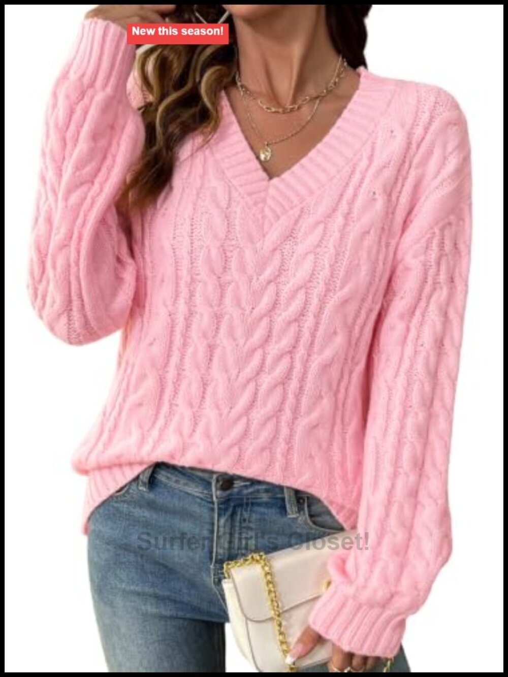 Oversized Cable Knit V Neck Off Shoulder Sweater Pullover Acrylic Blend